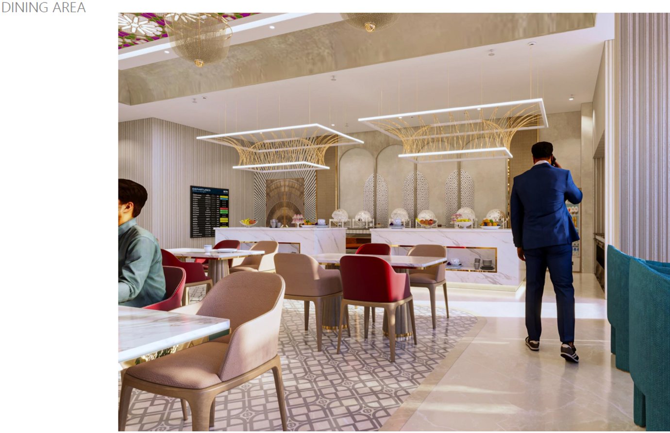 Elegant dining area at the Adani Lounge in Ahmedabad Airport T1 featuring marble tables, muted pink and red chairs, modern chandeliers, and a buffet counter. Elegant dining area at the Adani Lounge in Ahmedabad Airport T1 featuring marble tables, muted pink and red chairs, modern chandeliers, and a buffet counter.