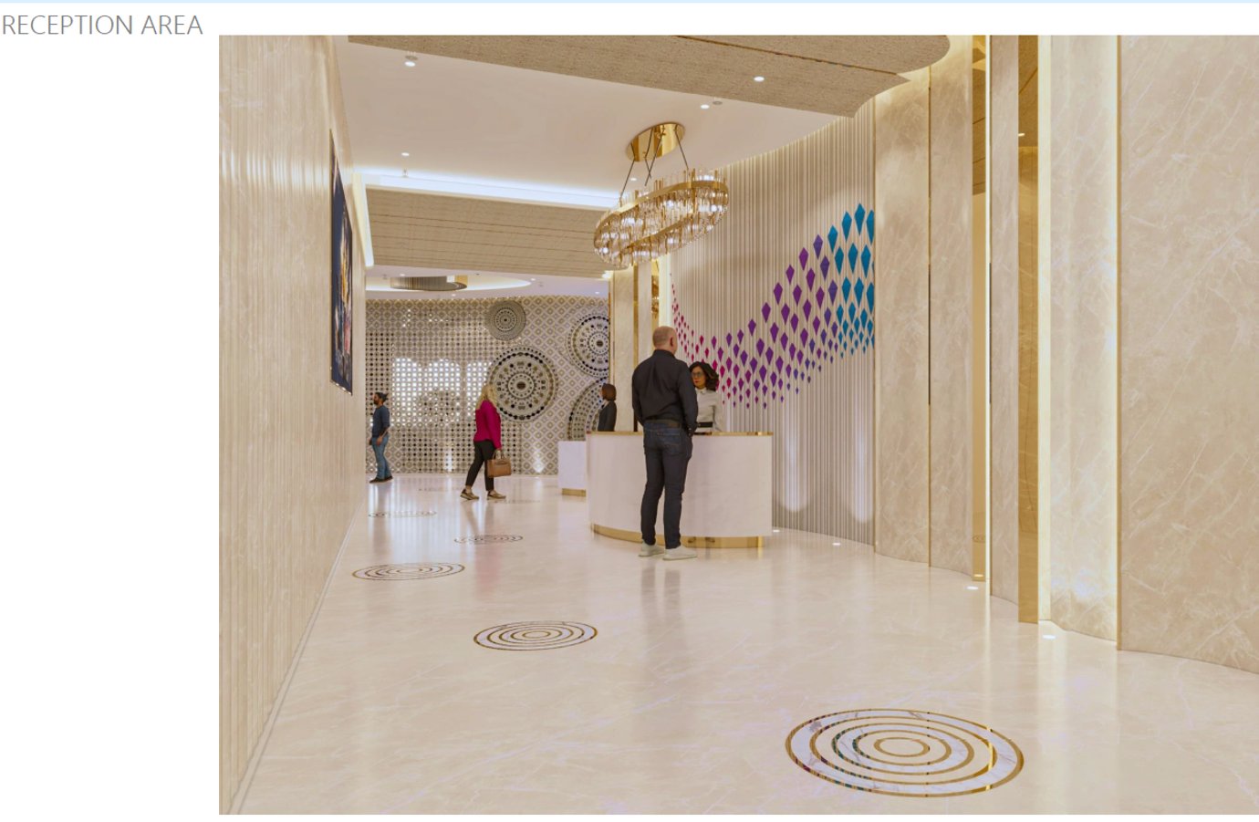 Reception area of the Adani Lounge at Ahmedabad Airport Terminal 1 featuring marble floors, gold lighting fixtures, patterned wall art and guests checking in at the curved front desk. Reception area of the Adani Lounge at Ahmedabad Airport Terminal 1 featuring marble floors, gold lighting fixtures, patterned wall art and guests checking in at the curved front desk.