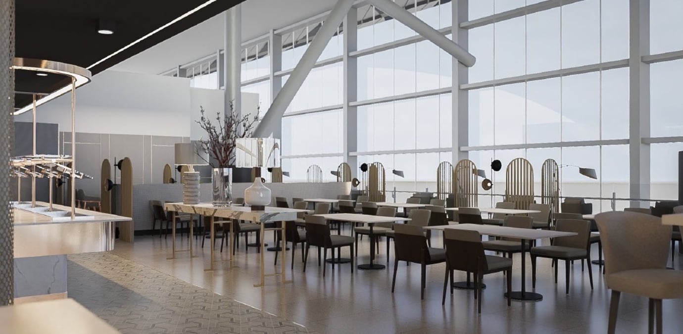 Bright dining area at Miracle First Class Lounge Satellite 1 Bangkok Suvarnabhumi Airport featuring elegant seating, marble tables, and floor-to-ceiling windows.