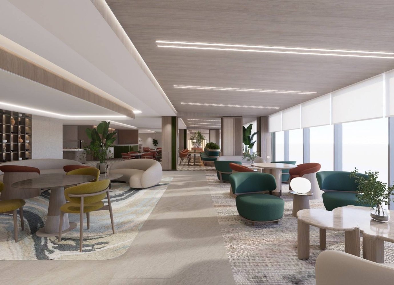 Modern sofa seating area at The Coral Finest Business Class Lounge Cocoon Concourse C Bangkok Suvarnabhumi Airport featuring green and terracotta chairs, marble tables, soft lighting, and large windows overlooking the runway.