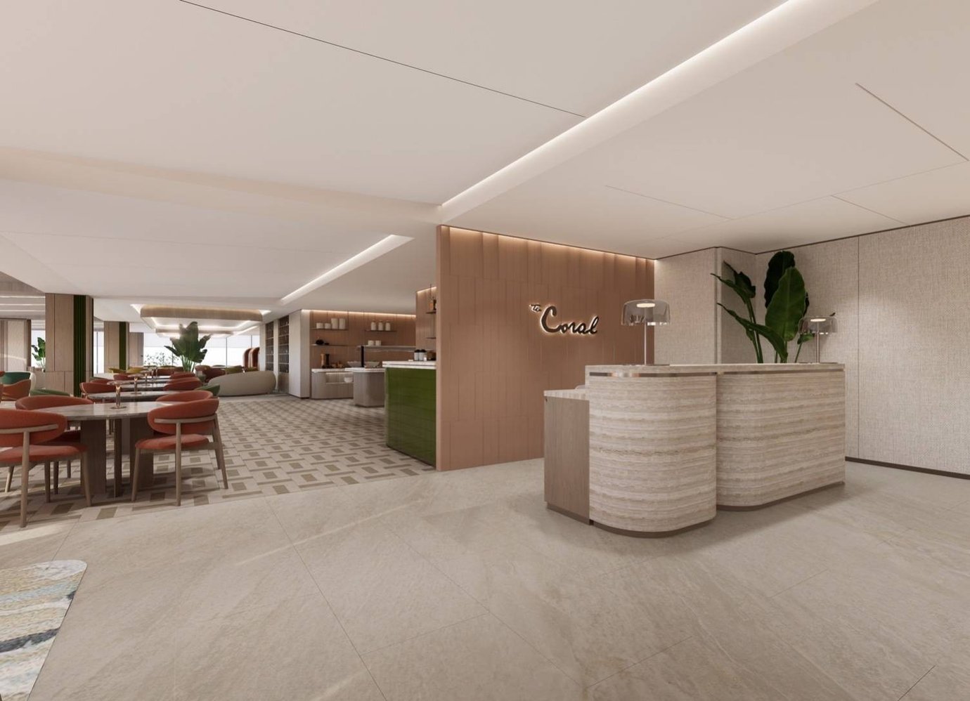Reception area of The Coral Finest Business Class Lounge, Concourse C, Bangkok Suvarnabhumi Airport, featuring a curved stone-front counter with soft lighting, the Coral logo on a wooden wall, and a view of the open-plan lounge.