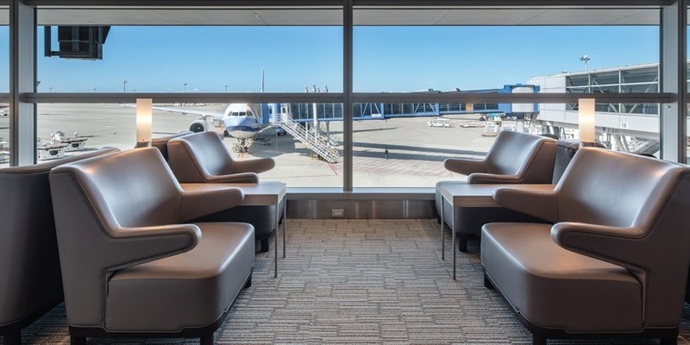 Seating area in the Plaza Premium Lounge at Chubu Centrair International Airport offers views of the tarmac and boarding gates. Seating area in the Plaza Premium Lounge at Chubu Centrair International Airport offers views of the tarmac and boarding gates.
