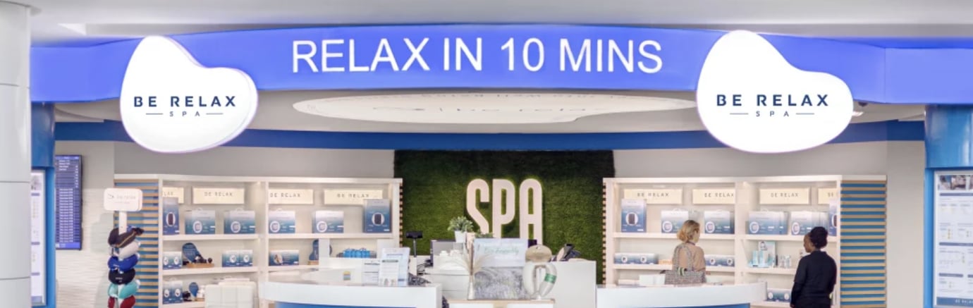 Be Relax Spa Dubai Airport Terminal 1 with calming blue and white interior, wellness treatments, and quick-relaxation services for travellers. Be Relax Spa Dubai Airport Terminal 1 with calming blue and white interior, wellness treatments, and quick-relaxation services for travellers.
