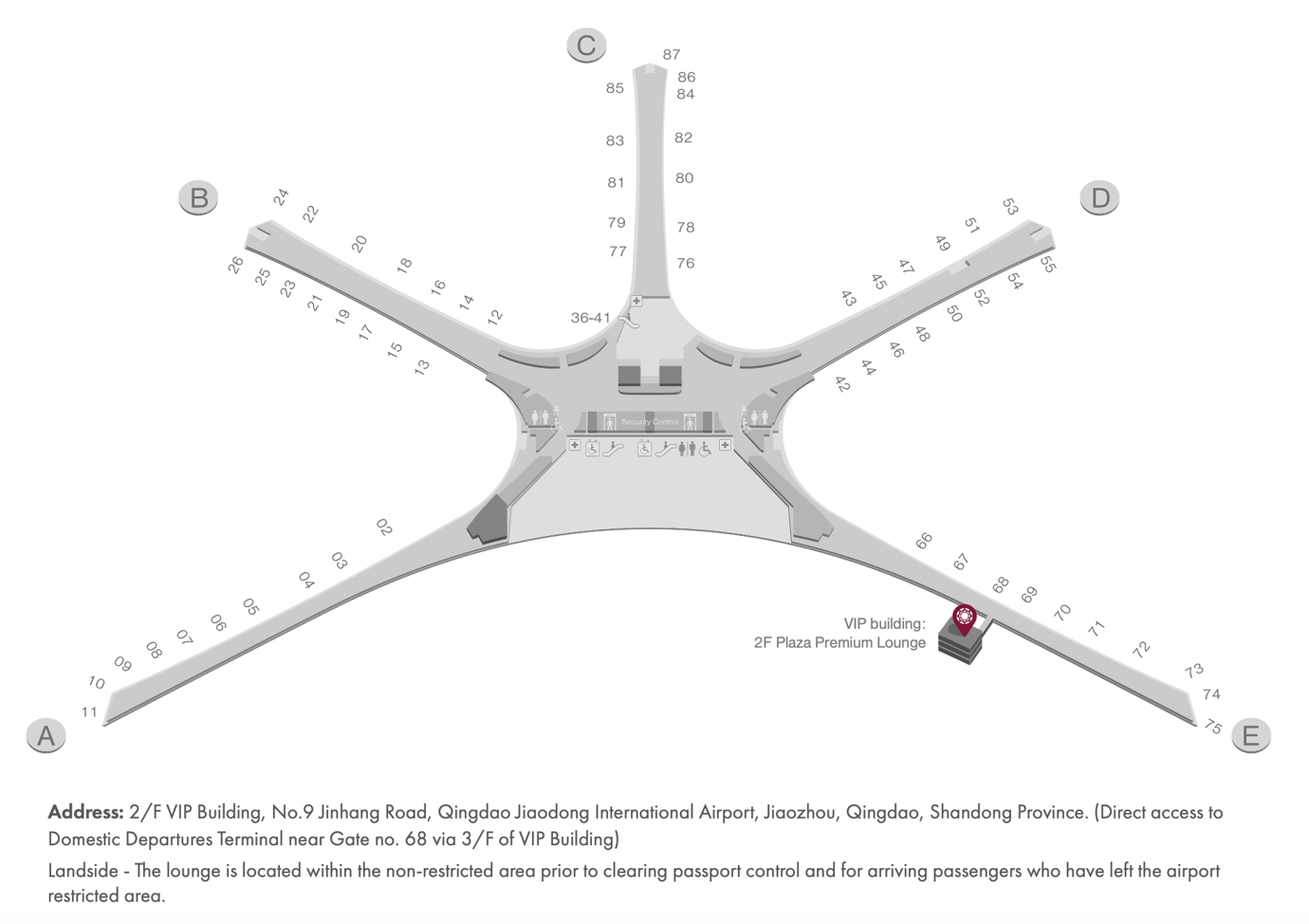 Map of Qingdao Airport highlighting the location of the VIP Plaza Premium Lounge