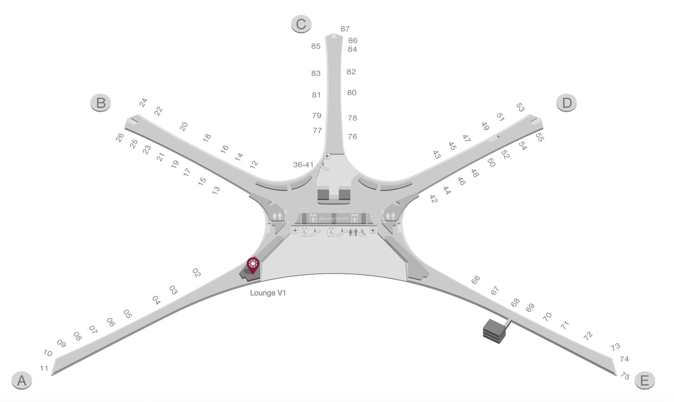 Map of Qingdao Airport highlighting the location of the Plaza Premium Lounge V1 Map of Qingdao Airport highlighting the location of the Plaza Premium Lounge V1