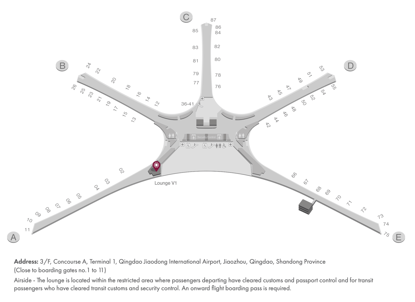 Map of Qingdao Airport highlighting the location of the Plaza Premium Lounge V1
