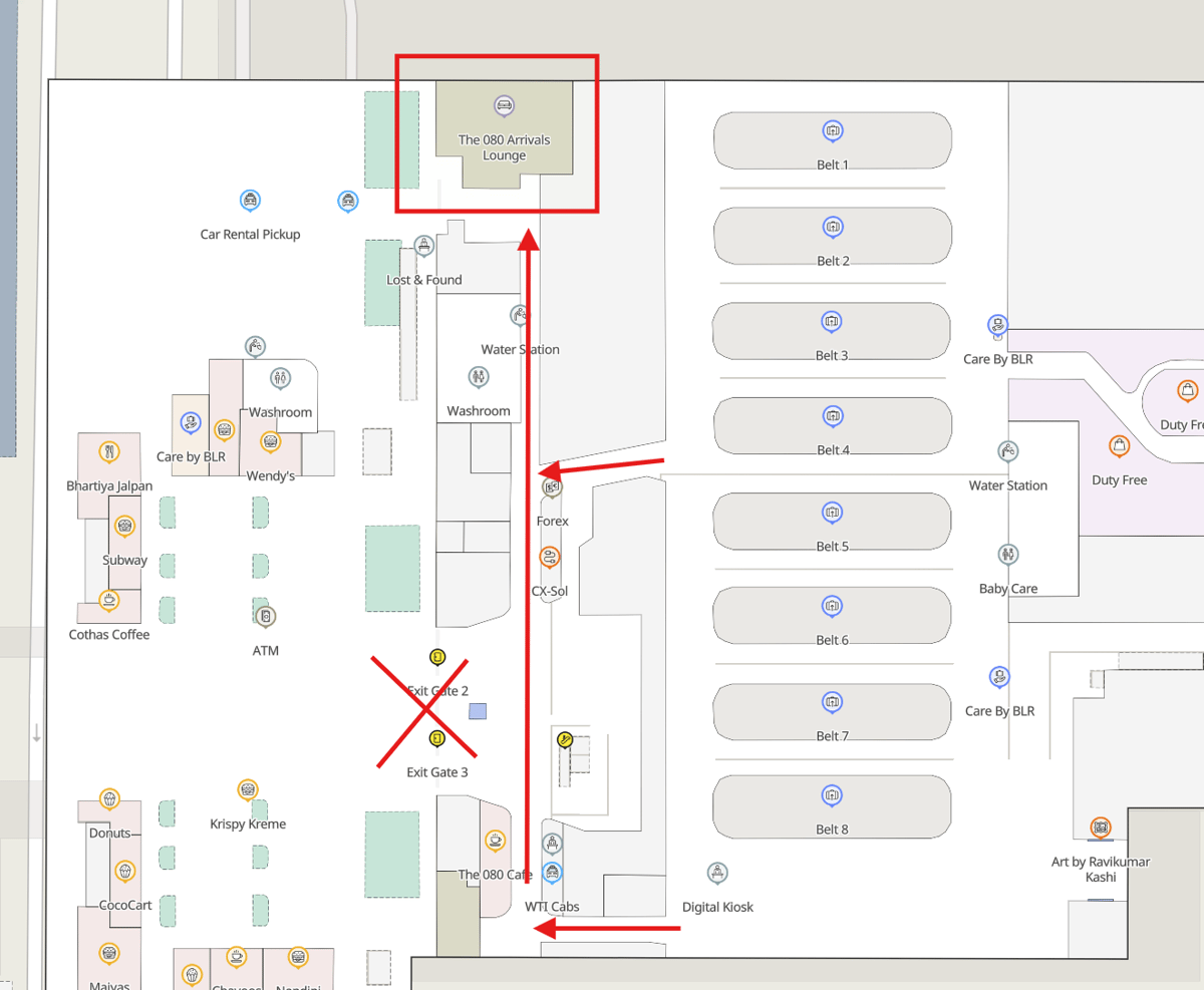 Map and Directions to 080 Arrivals Lounge Terminal 2 BLR