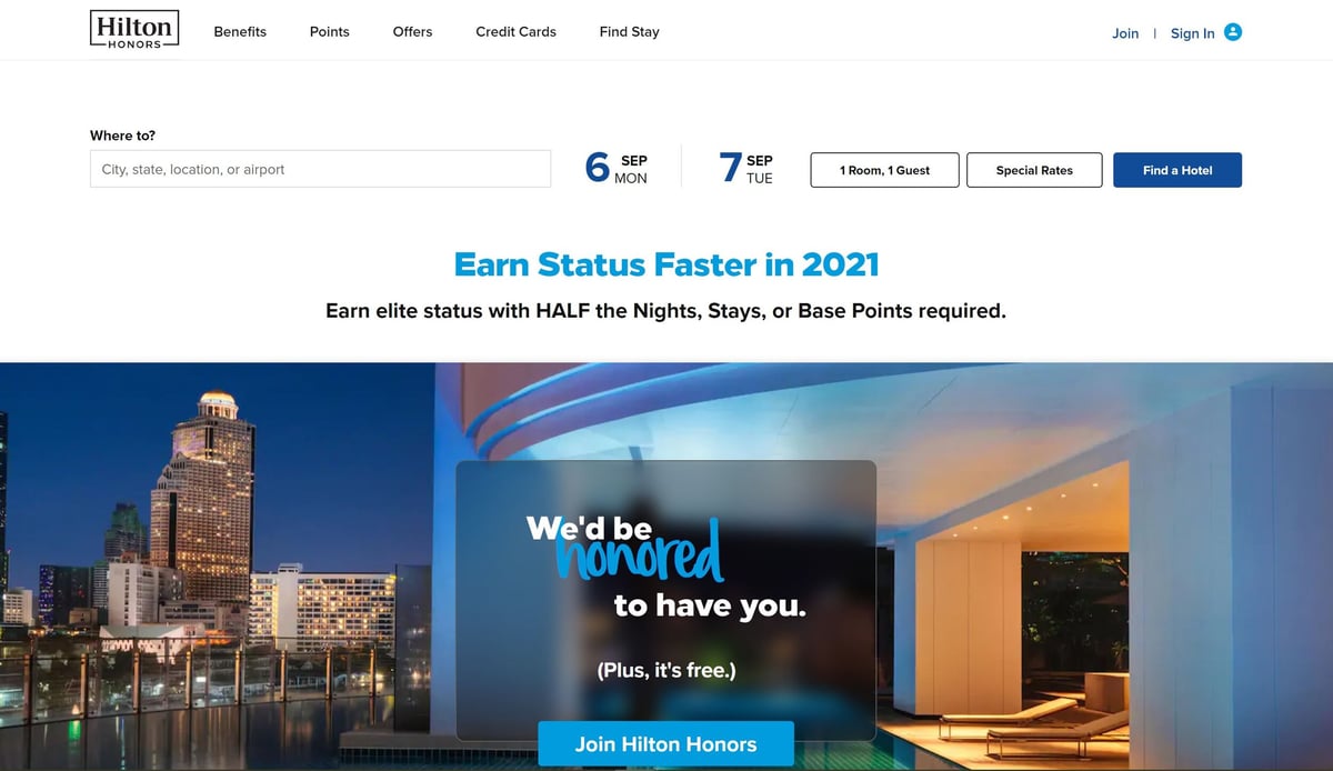Hilton Honors Membership Program Website Screenshot