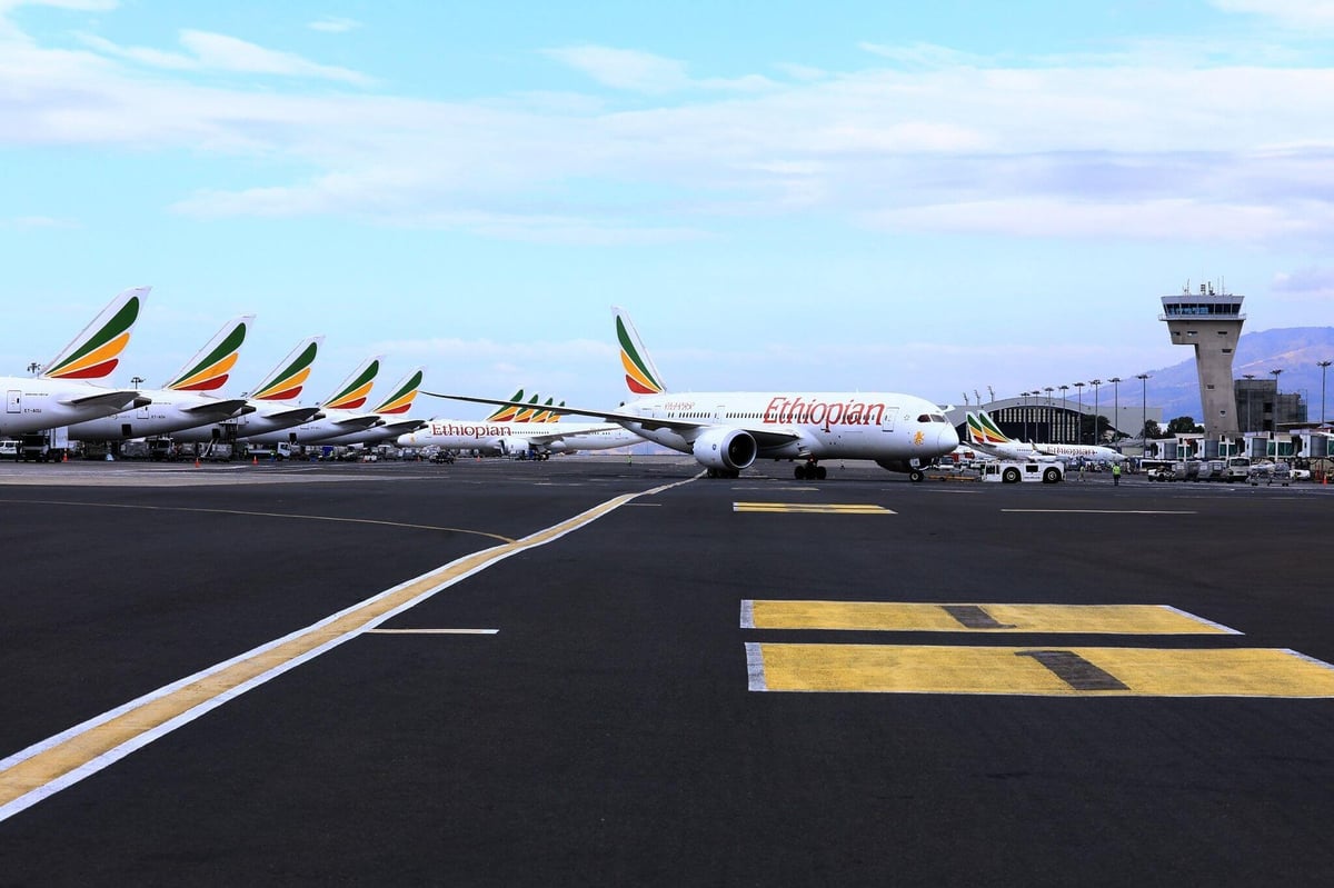 Ethiopian Airlines planes on tarmac at airport