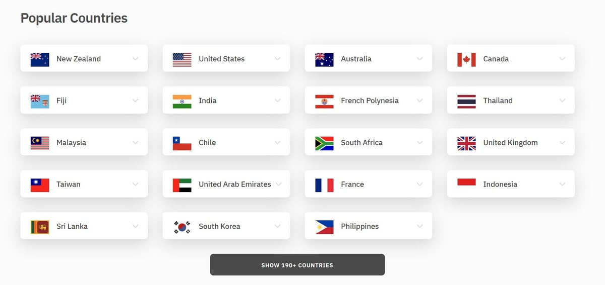 Most popular countries listed on the Airalo website including the USA, Canada, New Zealand and Australia