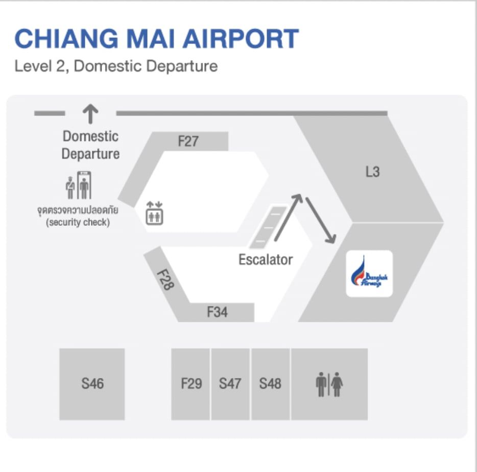 Map of Chiang Mai airport highlighting the location of the Bangkok Airways Boutique Lounge.