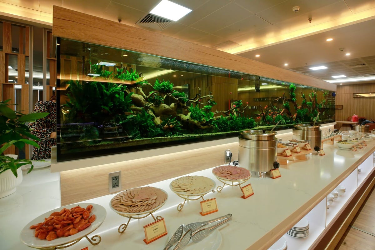 Buffet counter at Vietnam Airlines Lotus Lounge in Da Nang Airport, featuring a variety of cold cuts, hot soup stations, salads, and a large built-in aquarium enhancing the elegant dining area.