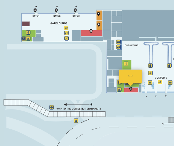 Map showing ground floor of T2 Danang showing walkway between Terminal 2 and Terminal 1