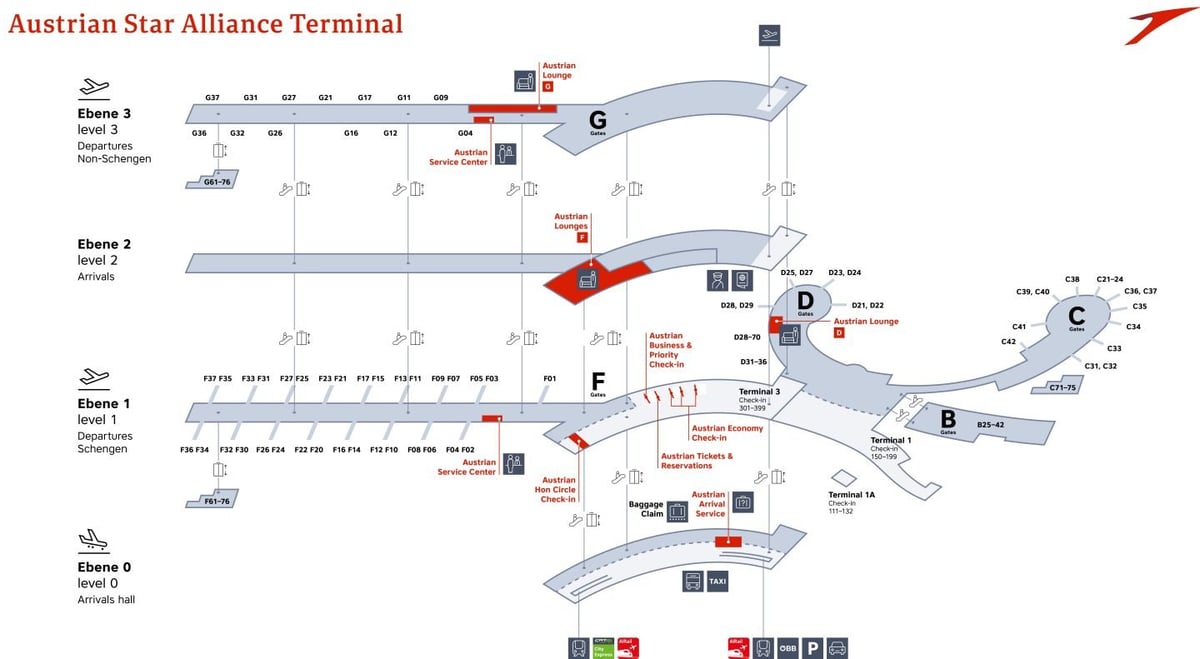 Map of Vienna Airport Austrian Airlines Lounges - Terminals 1 and 2