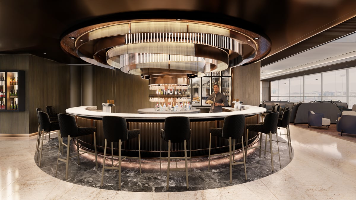 Artistic impression of an expanded bar at the t2 Silverkris First Class Lounge at Singapore Changi Airport.