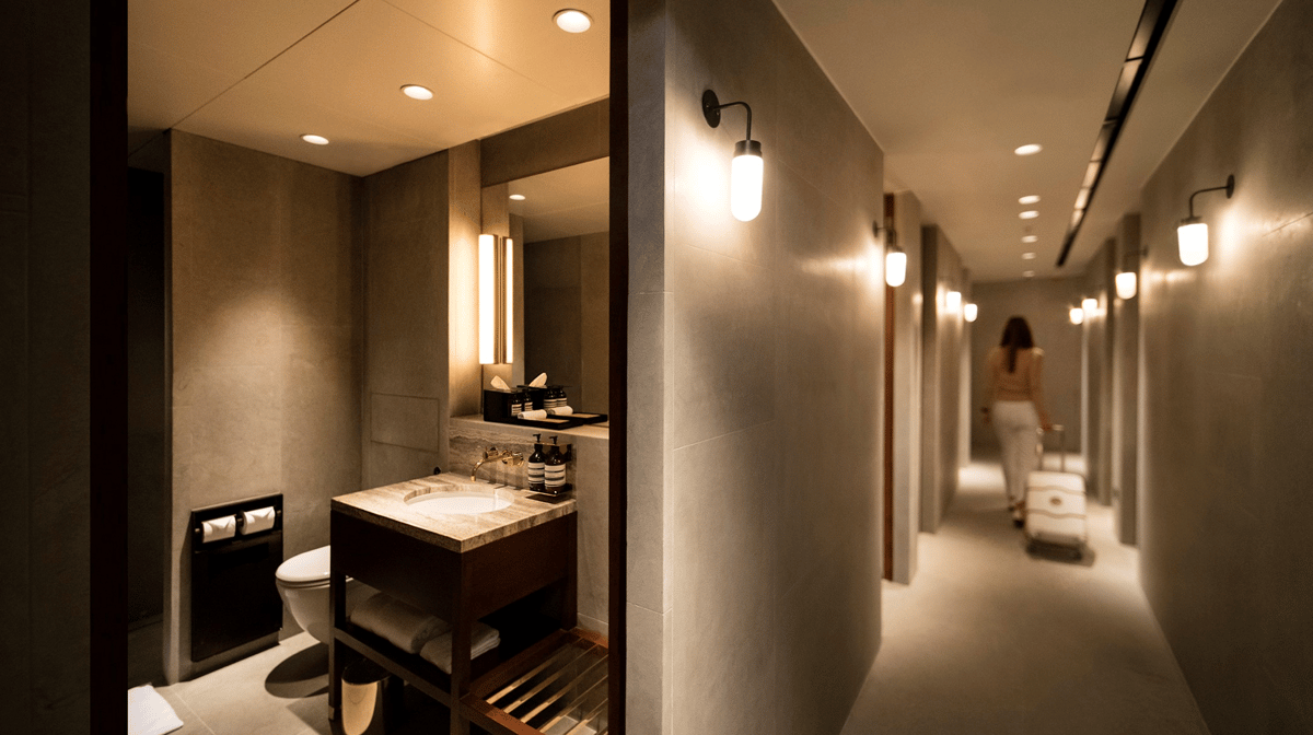 Image of the bathroom area and adjacent hallway in the Cathay Pacific the deck lounge a Hong Kong International Airport featuring a basin, towel rack and toilet to the left and a warmly lit hallway to the right with a passenger descending down it.