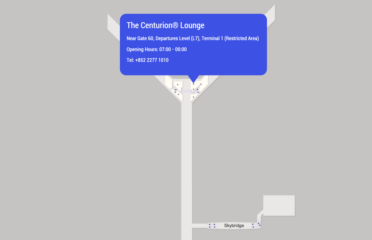 Map of the Hong Kong International Airport highlighting the location of the Centurion Lounge.