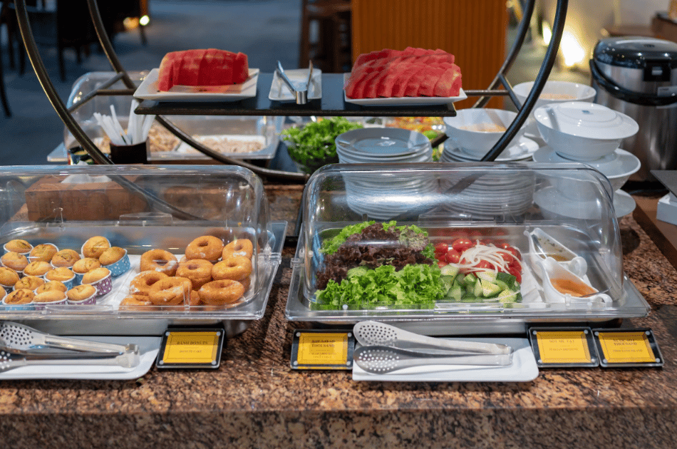 Food and buffet selection at the Noi Bai International Airport, Terminal 2, Lotus Lounge.