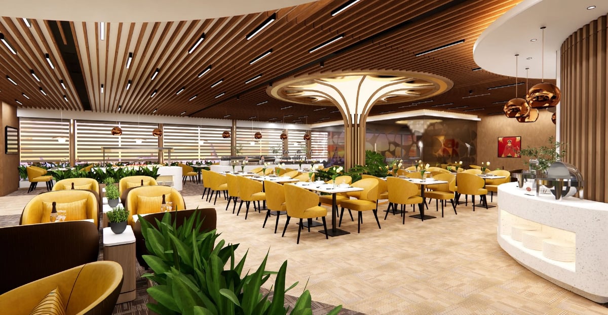 Dining area of Vietcombank Priority Lounge at Hanoi Airport, featuring a modern design with mustard-yellow upholstered chairs around white tables.