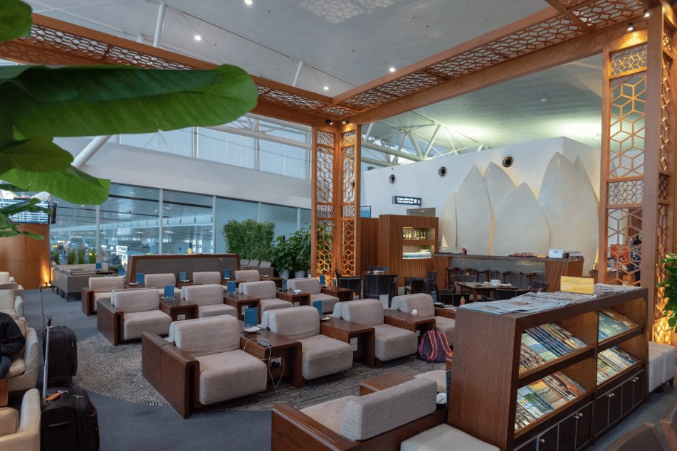 Expansive seating area in the Lotus Lounge, Terminal 2, Noi Bai International Airport.