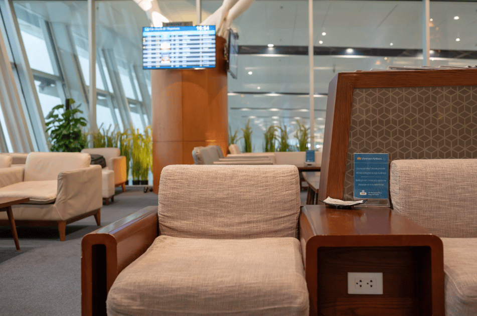 Electrical power points and seating at the Lotus Lounge, Terminal 2, Noi Bai International Airport.