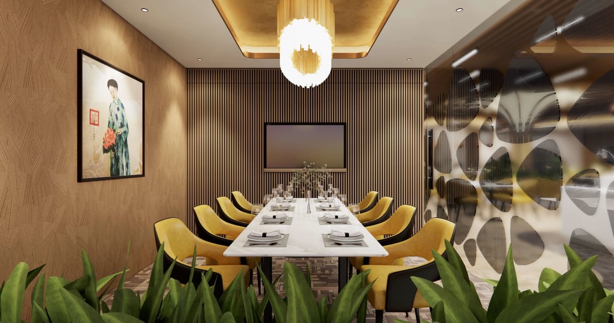 Private dining room at Vietcombank Priority Lounge, Hanoi Airport, featuring a long white marble dining table set with plates, napkins, and wine glasses. Surrounding the table are mustard-yellow upholstered chairs with black accents.