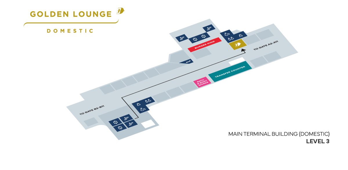 Map of the location of the Domestic Golden Lounge at Kuala Lumpur Airport.
