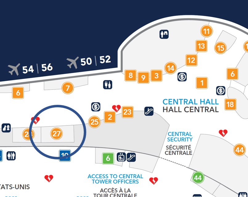 Map showing location of Non-US Departures Plaza Premium Lounge at Edmonton International Airport