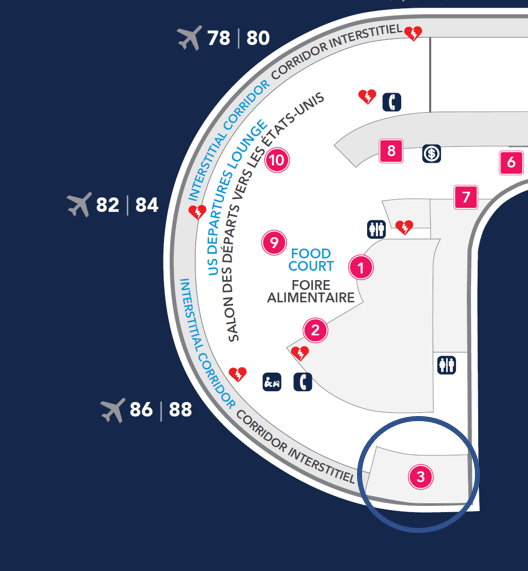 Map showing location of US Departures Plaza Premium Lounge at Edmonton International Airport