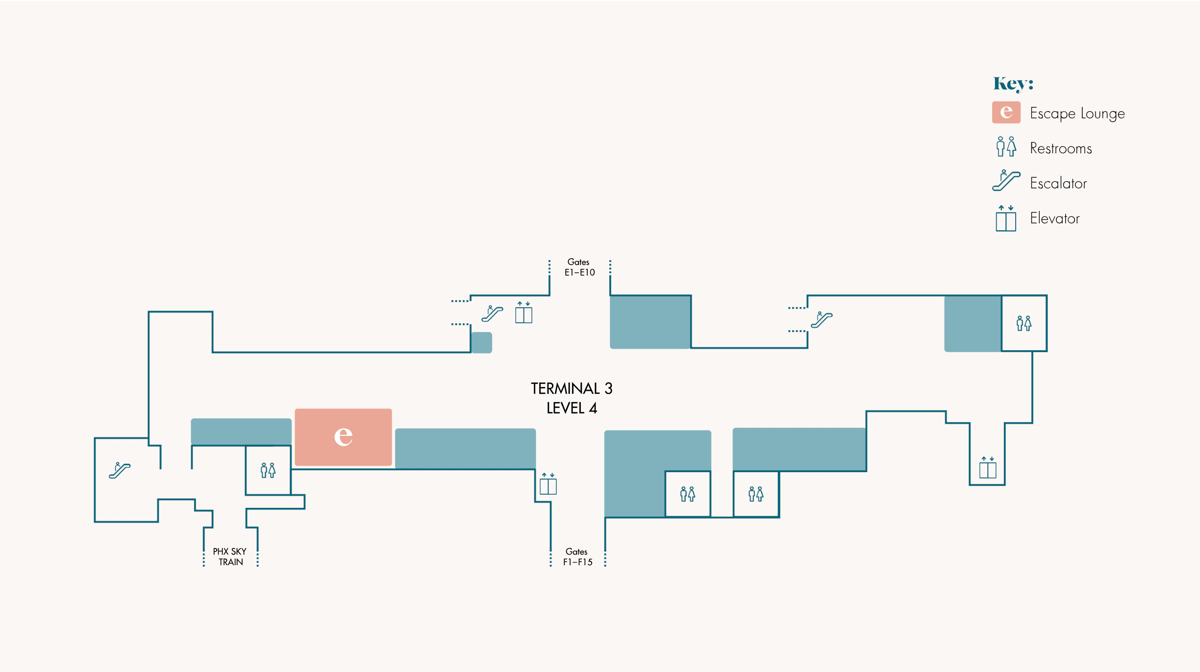 Map of the Terminal 3 Escape Lounge at Phoenix Airport.