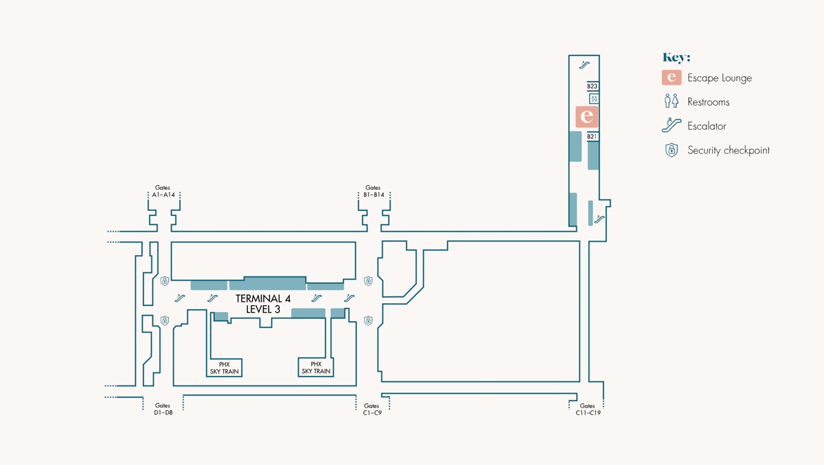 Map of the t4 escape lounge at Phoenix Airport.