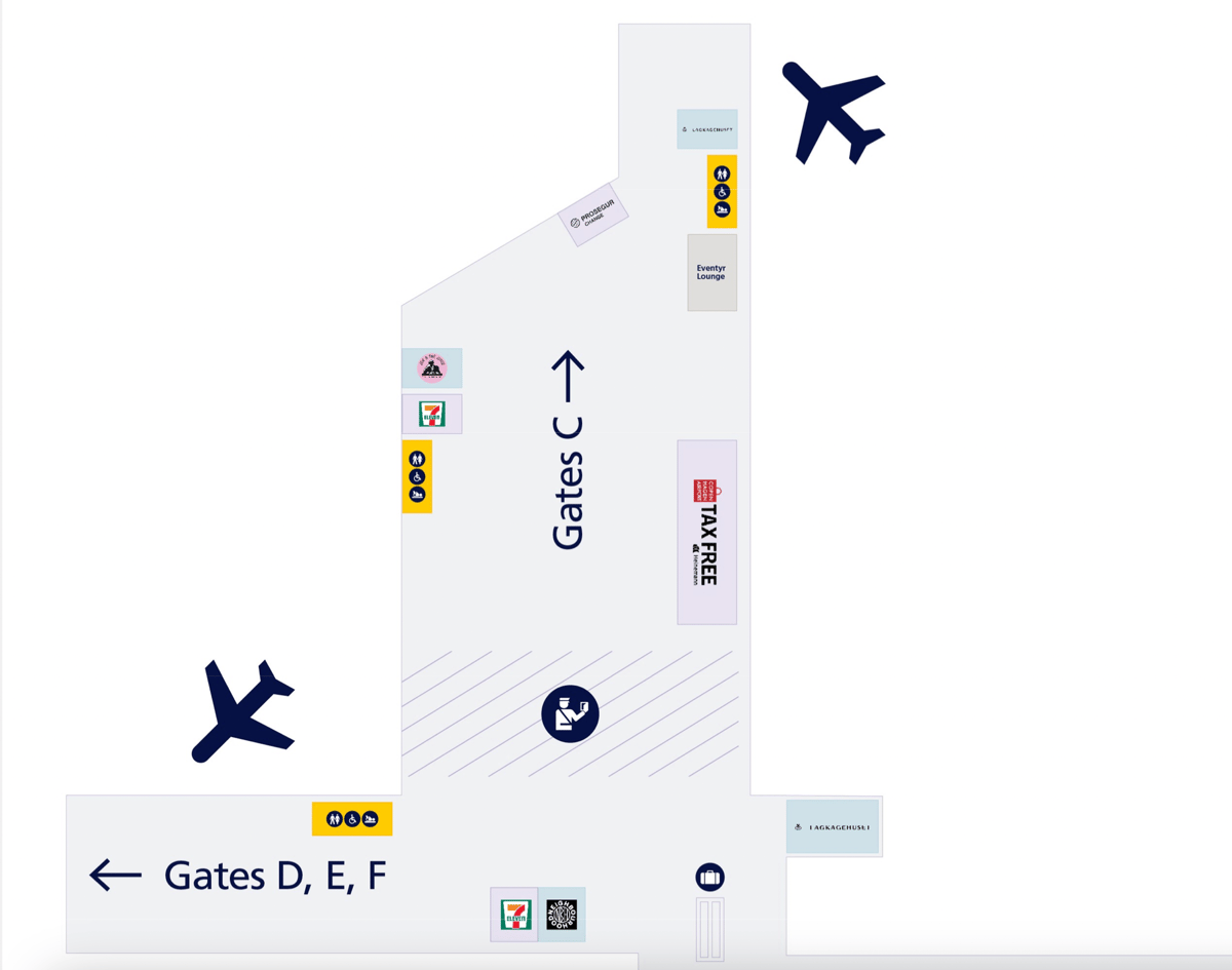 Zoomed-in image of the Copenhagen airport map, showing the position of the Eventyr Lounge.