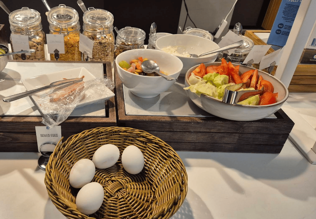 Eggs, salad, and other savory options at the Pearl Lounge, C37, Stockholm Arlanda Airport