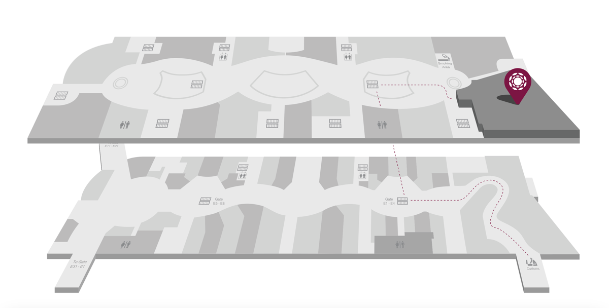 A map of the FCO Airport, highlighting the location of the plaza premium lounge in terminal 3 extra Schengen area.