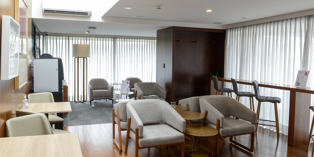 Plaza Premium Lounge at São Paulo Airport Terminal 2 landside, featuring a bright and modern interior with floor-to-ceiling sheer curtains, soft grey upholstered armchairs, high-top counter seating with bar stools.