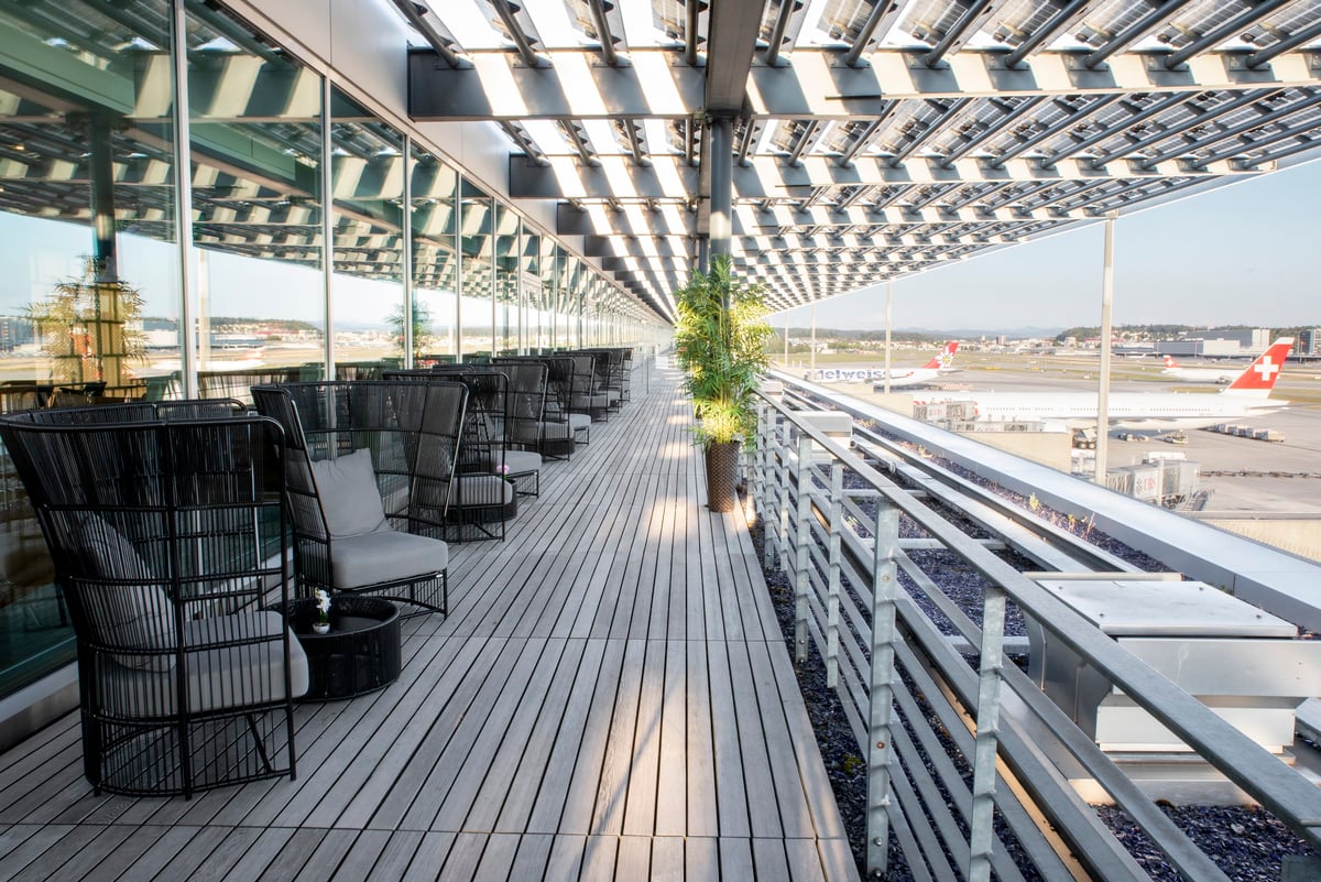 Outdoor Deck Area with Views over Airport Apron at Primeclass Lounge Zurich Airport