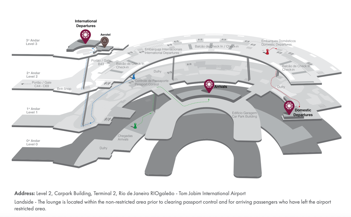Map of Rio de Janeiro Galeao International Airport highlighting the locations of the Plaza Premium Lounge.