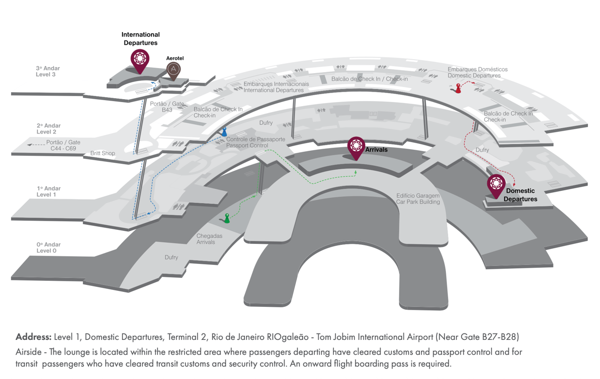 Map of Rio de Janeiro Galeao International airport showcasing the locations of the Plaza Premium lounges.