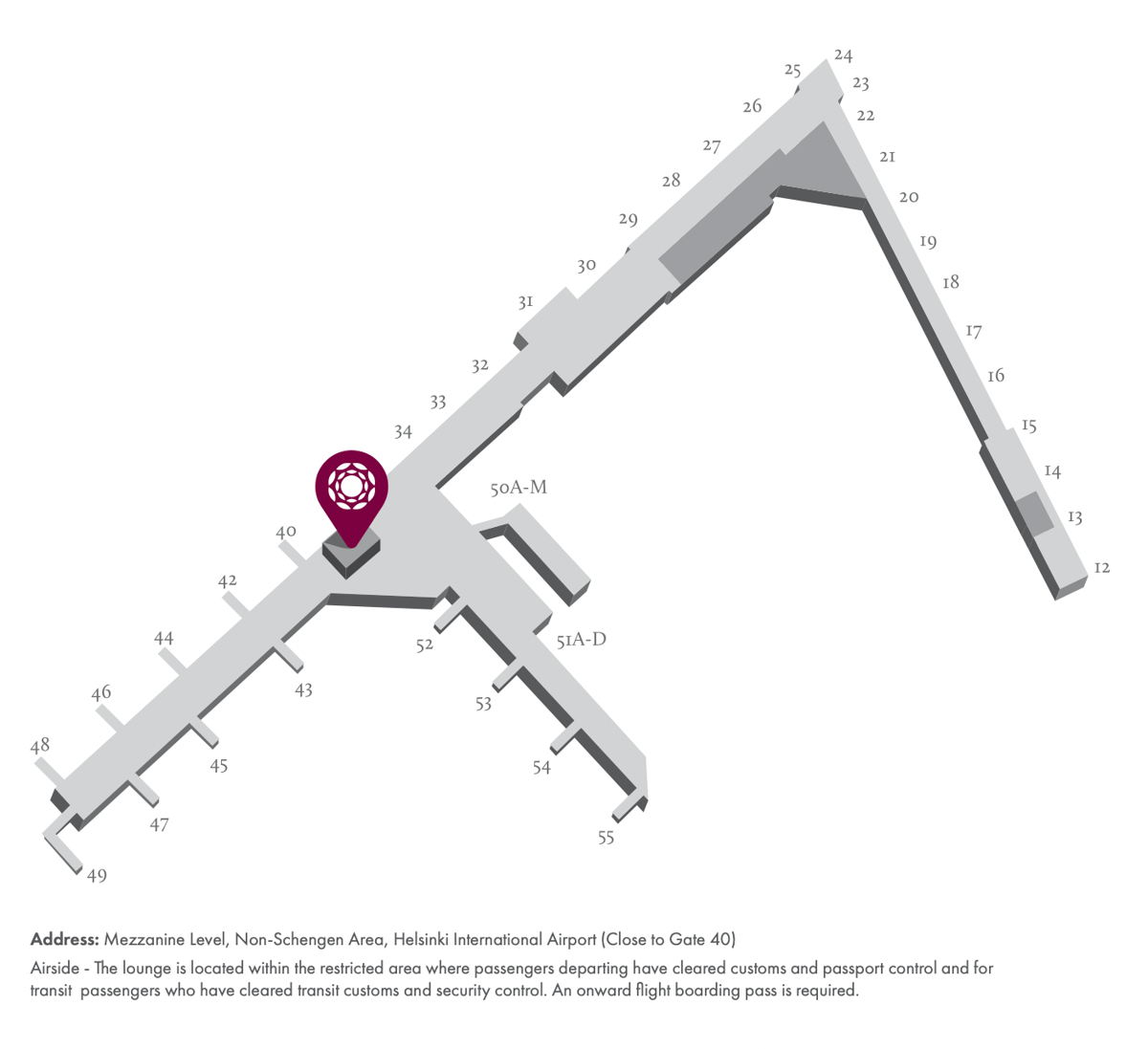 Map of the Plaza Premium Lounge at Helsinki Airport.