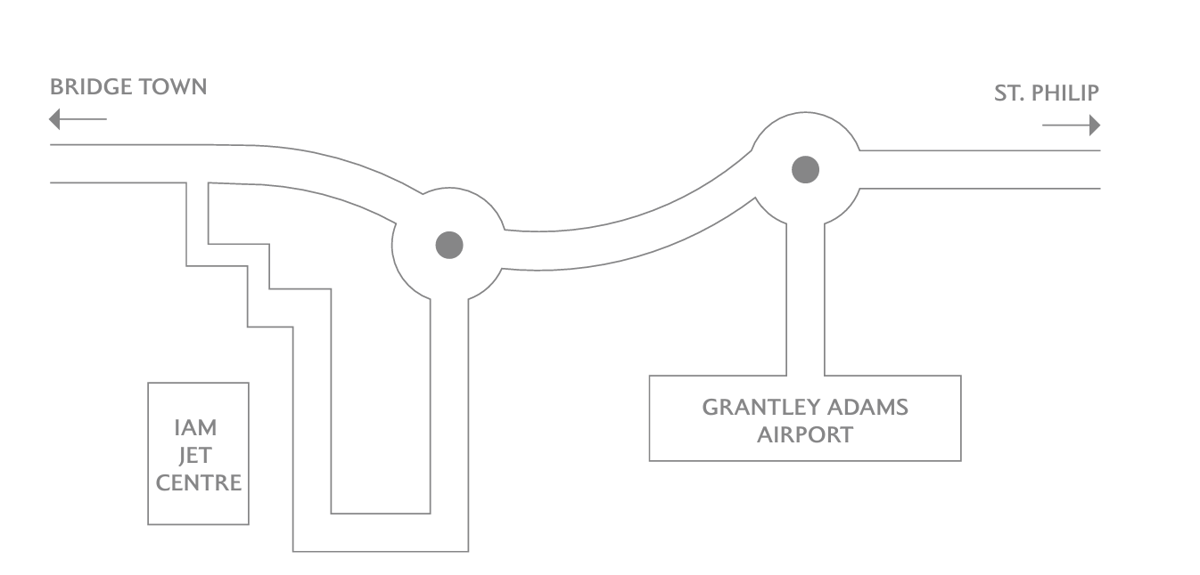 Map showing location of IAM Jet Centre nearby the main Grantley Adams Airport terminal building
