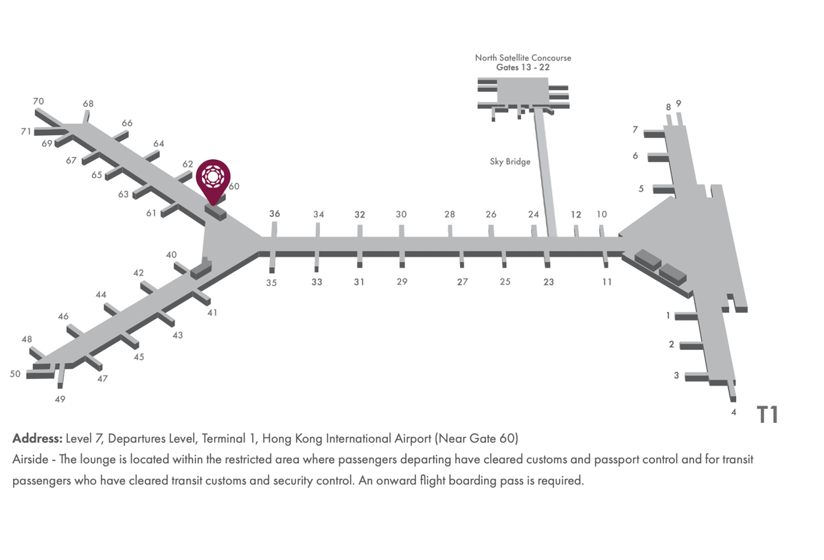 Map of Hong Kong International Airport highlighting the location of the West Hall Plaza Premium Lounge.