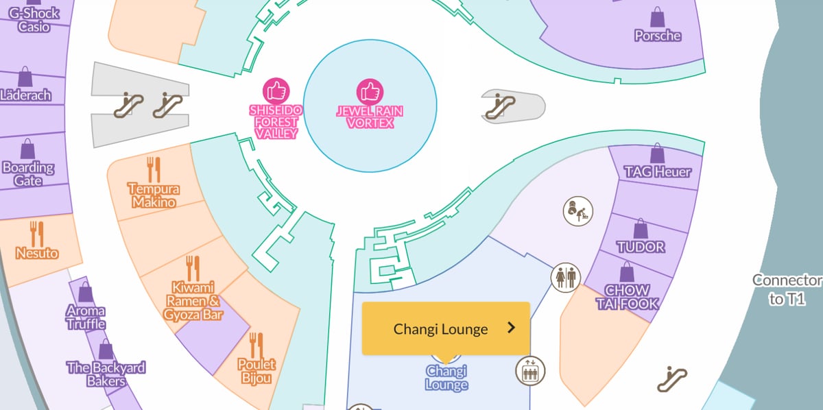 Map of the jewel complex Changi Airport highlighting the location of the Changi Lounge.