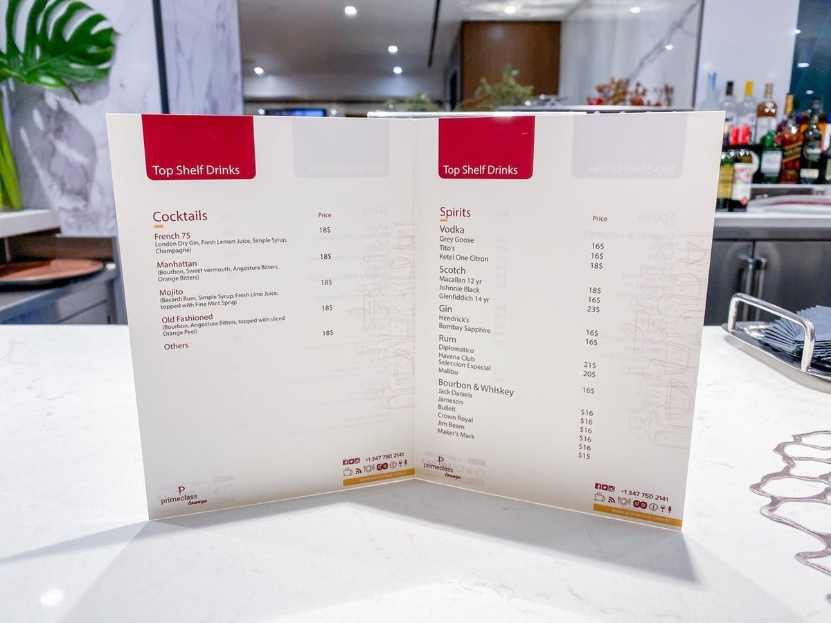 JFK T1 Primeclass Drinks Menu complete.