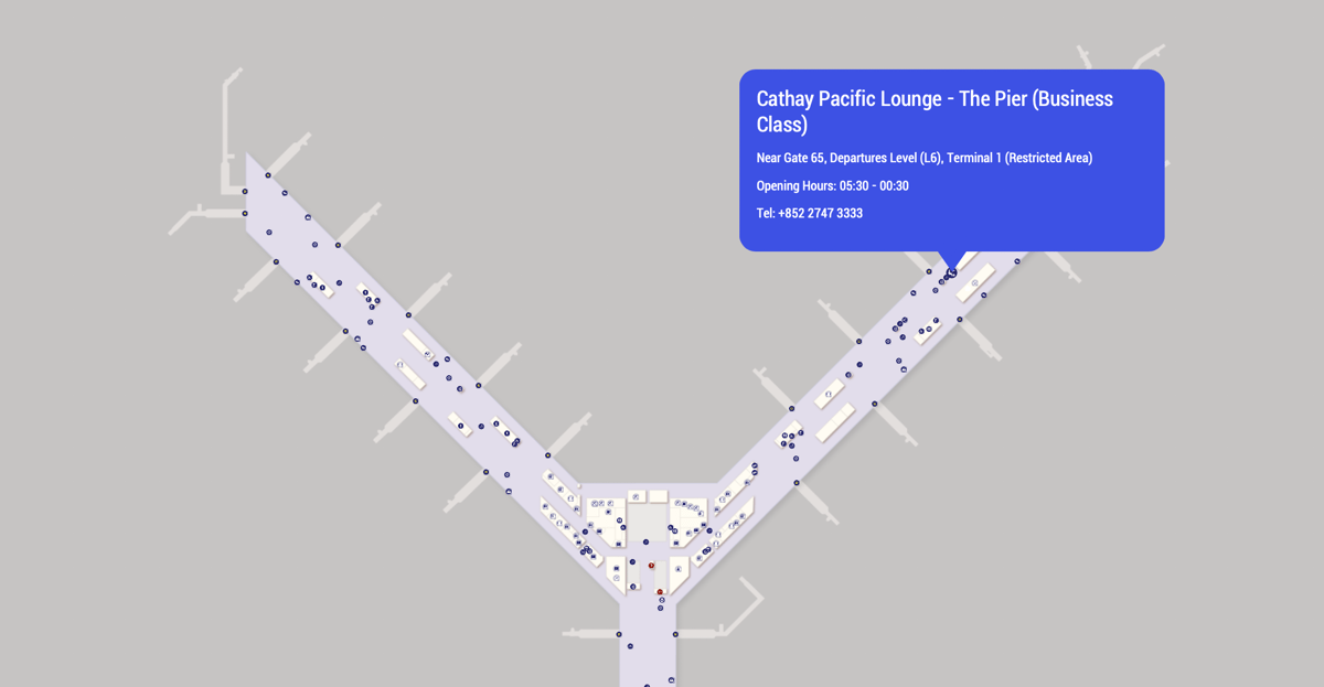 Map highlighting the location of the Business Class The Pier Cathay Pacific Lounge at Hong Kong International Airport.