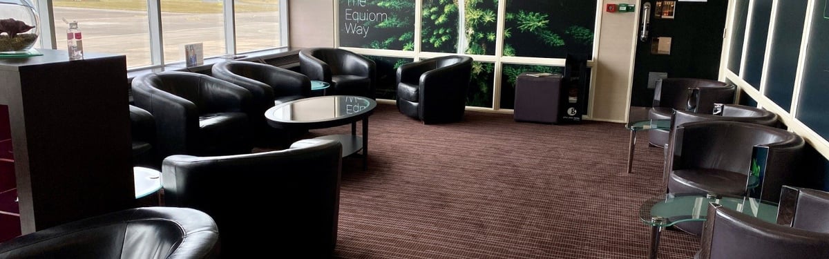 Seating area in the rendezvous lounge at IOM airport. Several leather seats are arranged in an intimate atmosphere on neutral brown carpeting. There are large windows to the left overlooking views of the runway. Green art is on the back wall.