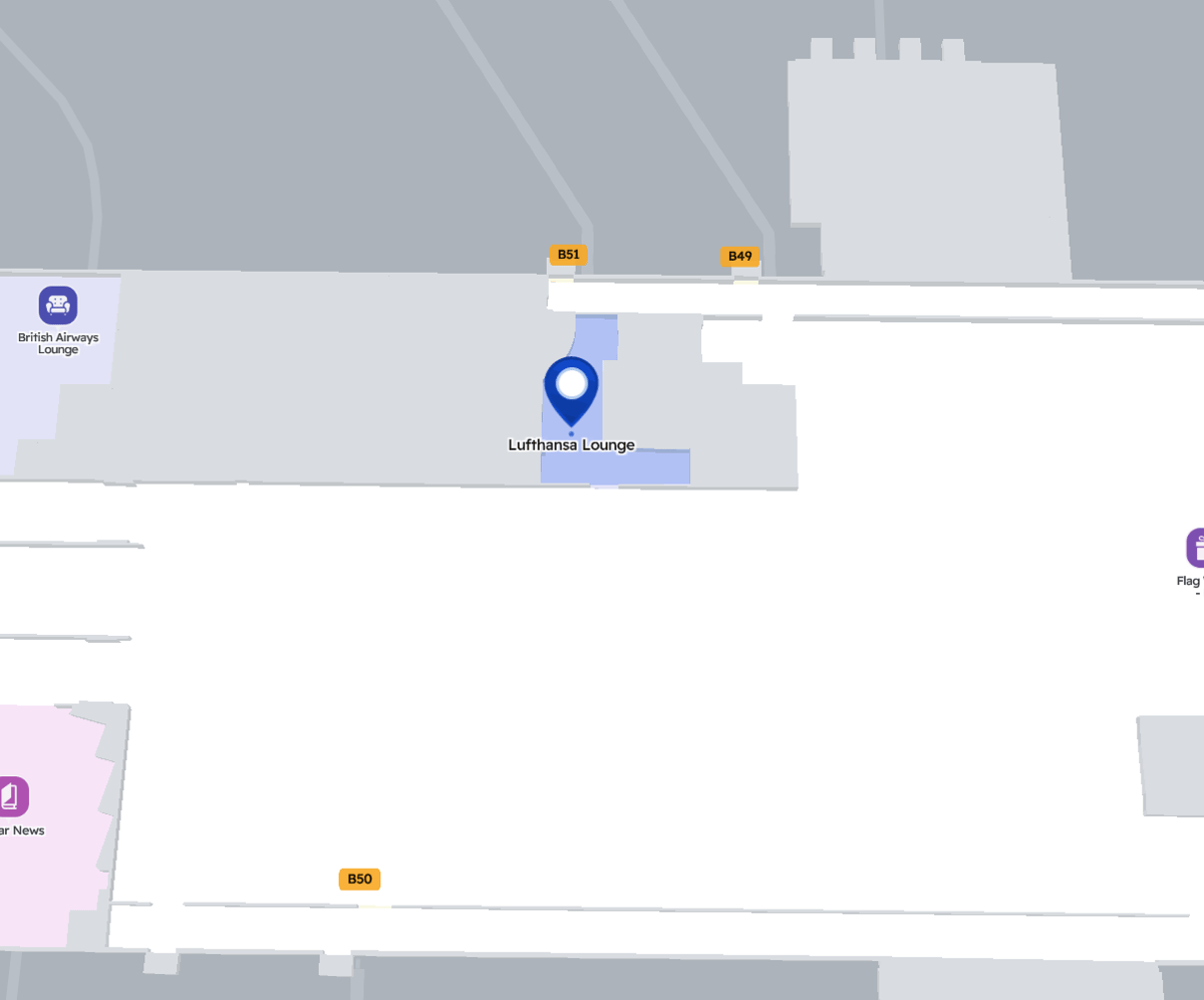 Map showing location of Lufthansa Business and Senator Lounges at IAD Dulles Airport