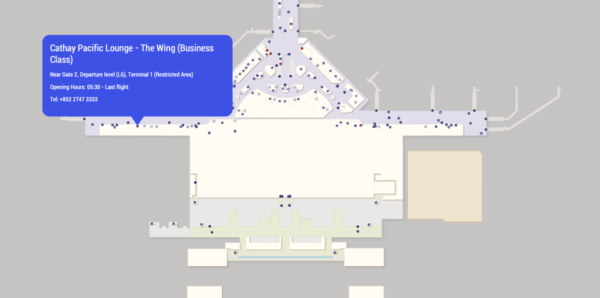 Map Hong Kong International Airport highlighting the location of the Cathay Pacific The Wing Lounge, Business Class.