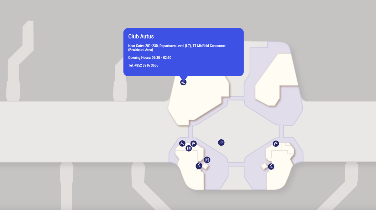 Map of Hong Kong International Airport highlighting the location of Club Autus.