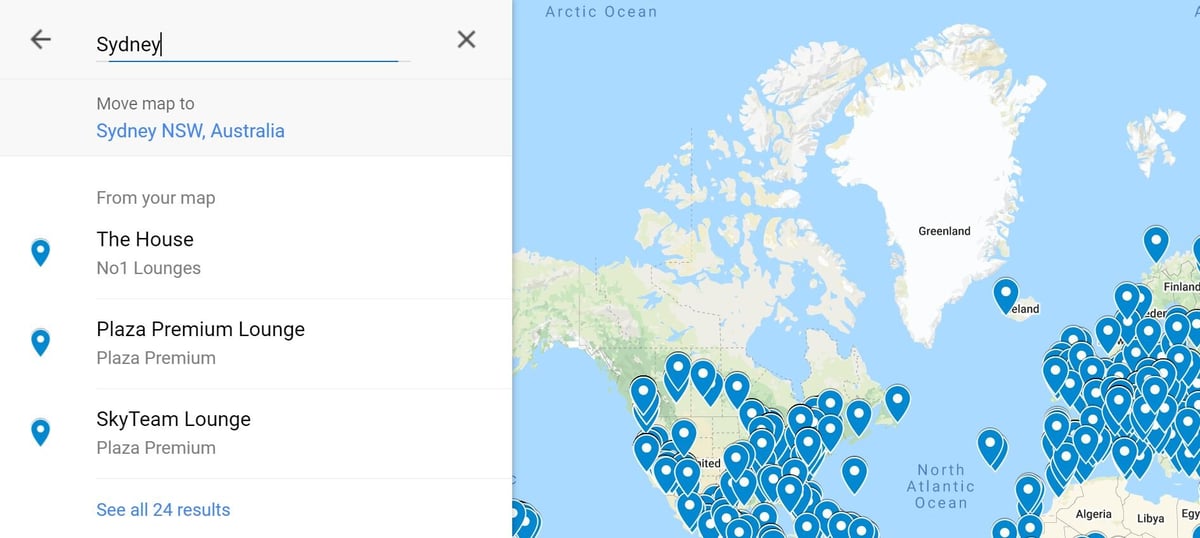 Airport Lounge Map Showing Search Function