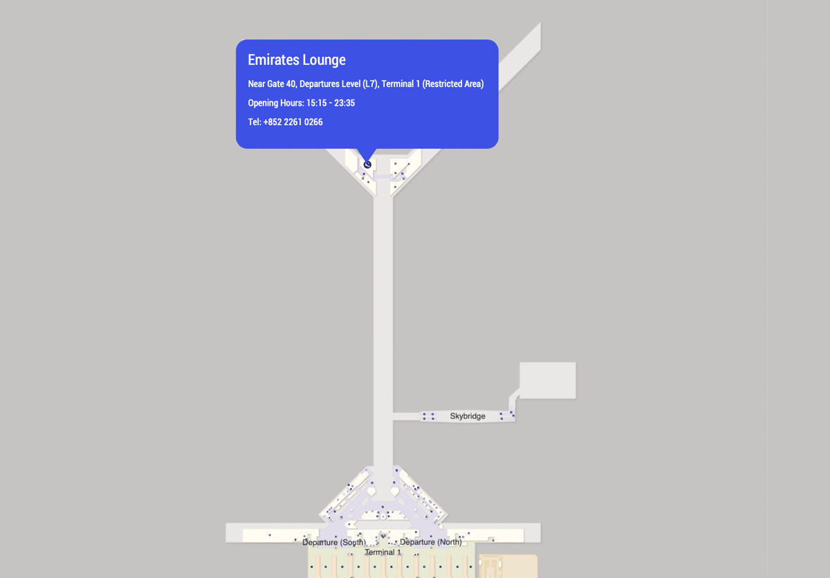 Map of Hong Kong International Airport highlighting the location of the Emirates Lounge